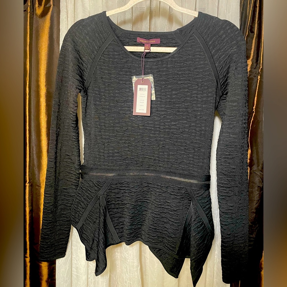 Machesa Voyage Black Peplum Zipper Detail Top Sz M